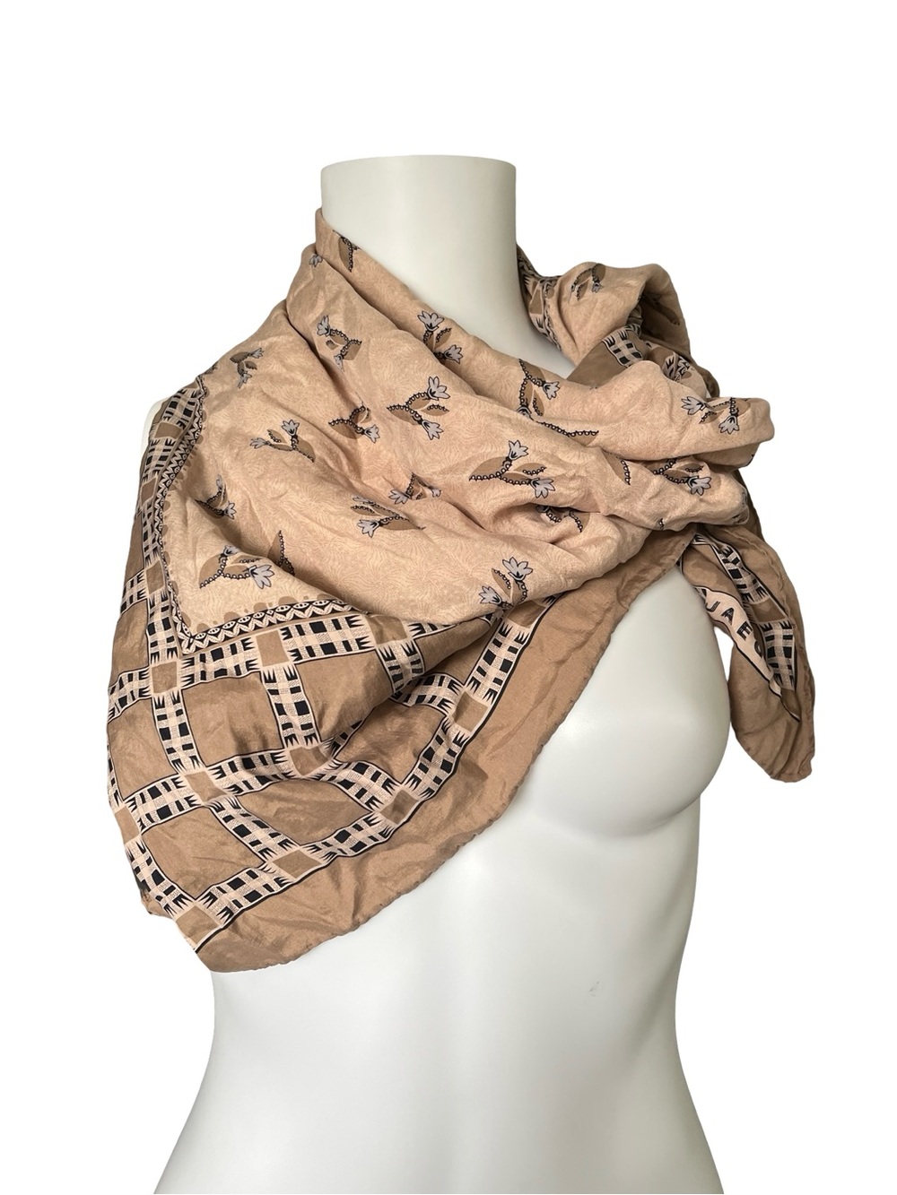 Jaeger Silk Feel Square Scarf Cactus Print Desert Tan Neutral Boho
